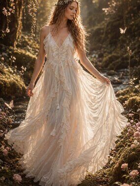 White Sand Fairy Boho Maxi Dress Ivory Ruffle Cottagecore Ethereal Festival